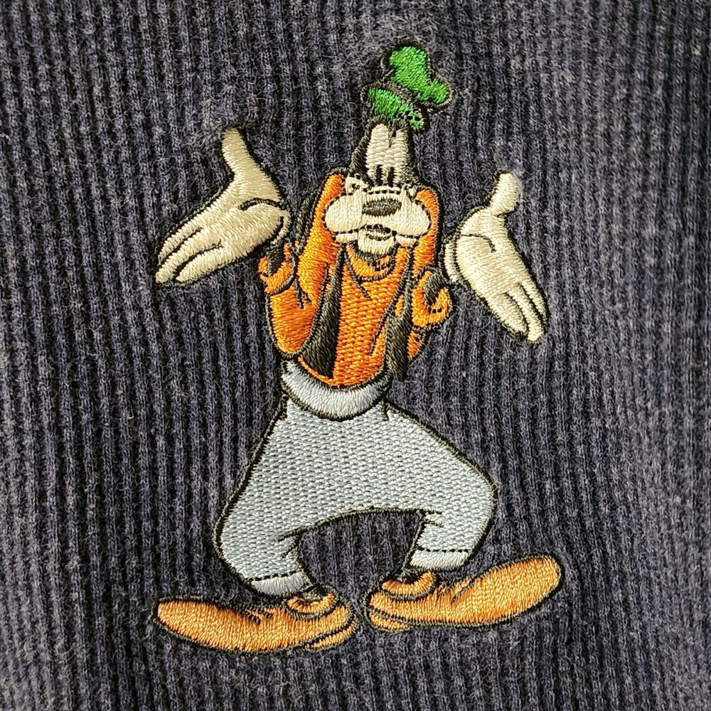 Disney Store Mens Cotton Henley Shirt M Embroidered Goofy Waffle Blue Green Trim - Picture 2 of 9